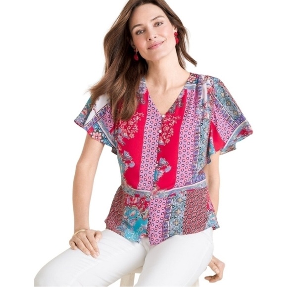 Chicos Patchwork Floral Paisley Peplum Flutter Sleeve Button Up Blouse - Picture 1 of 10